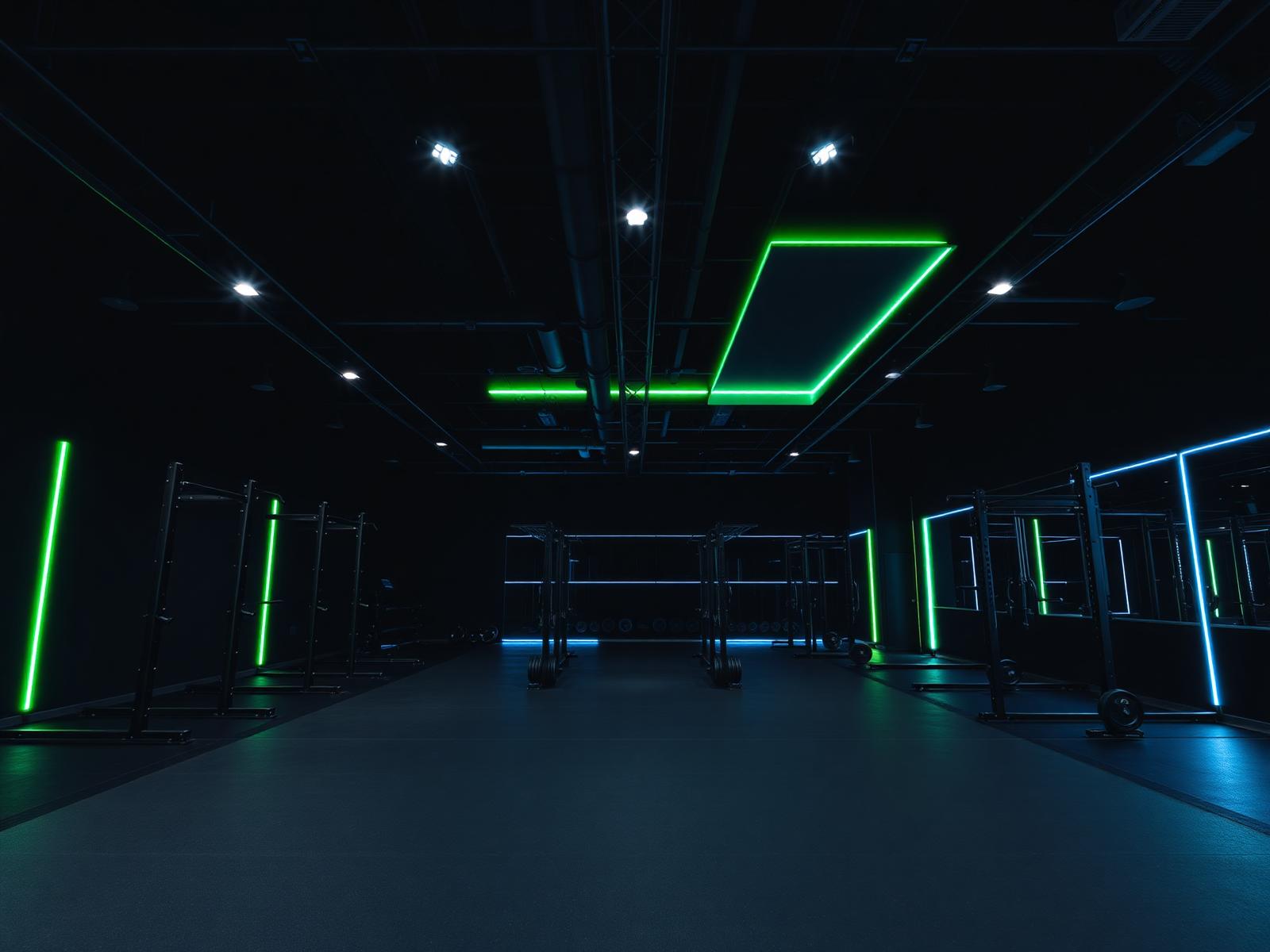 Dunkles modernes Fitnessstudio mit funktionaler Trainingsfläche und architektonischer Beleuchtung
